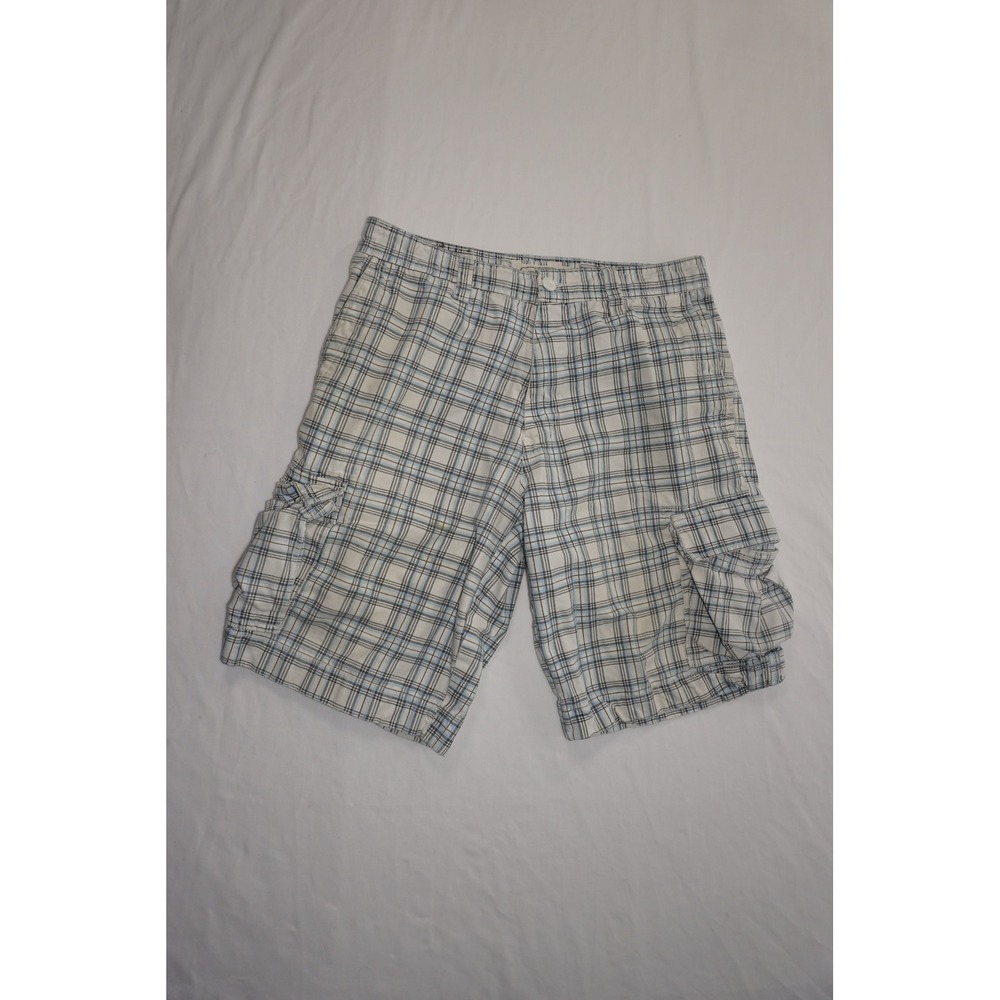 Urban Pipeline 34 Plaid Cotton Cargo Shorts White Blue